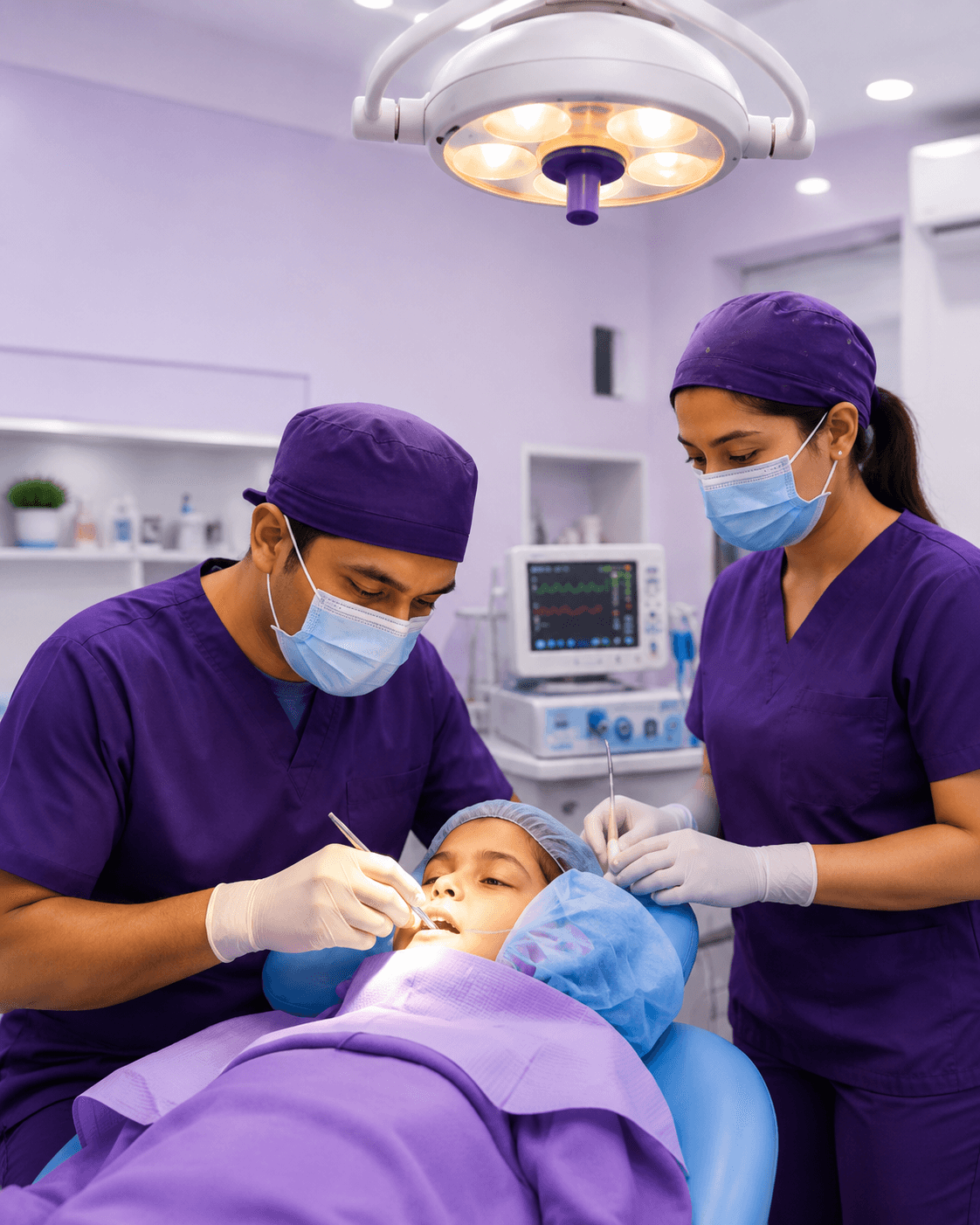 Dental team caring for a child in the clinic